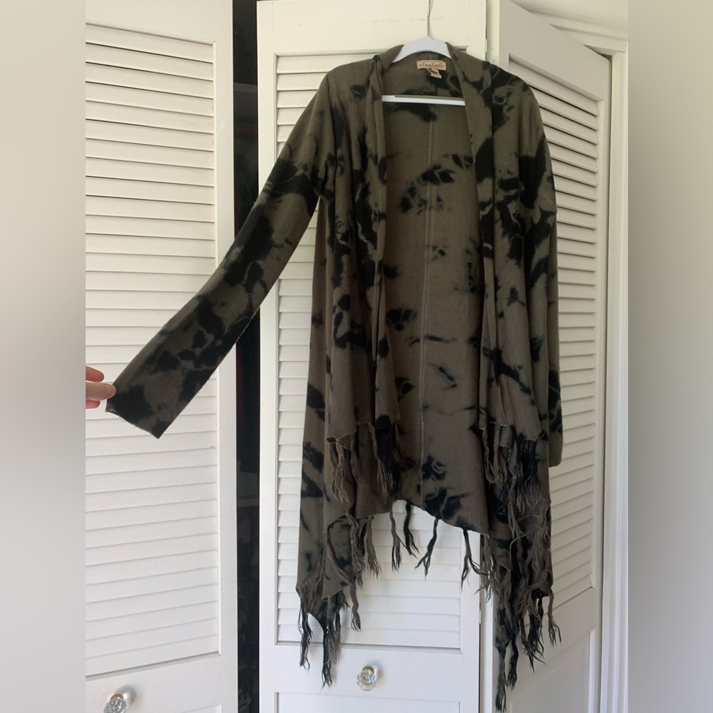 Long tie dye cardigan with tassel fringe on bottom